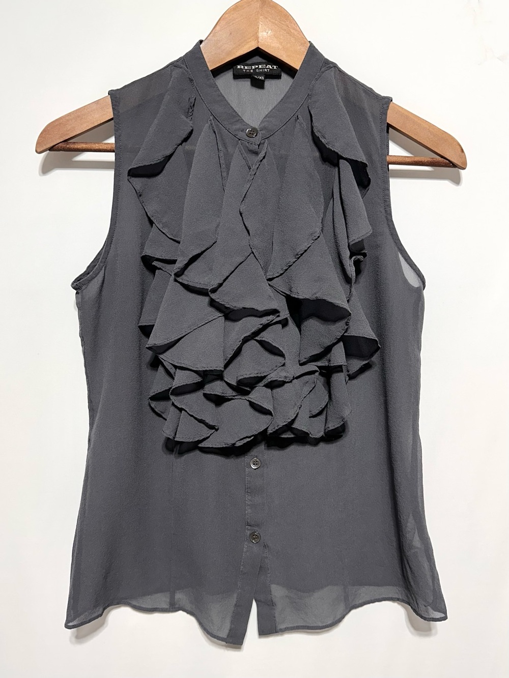 Repeat The Shirt 100% Silk Charcoal Ruffle Sleeveless Blouse XS